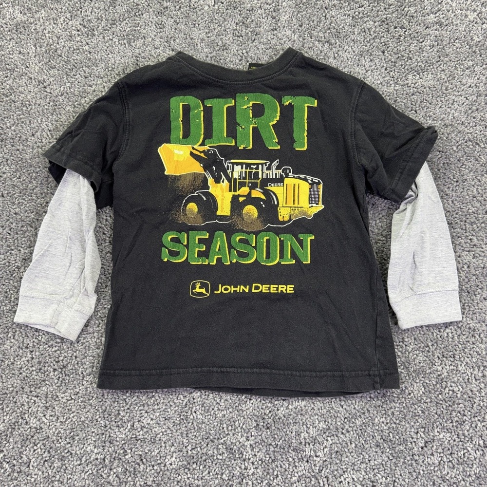 John Deere Shirt Boys M 5-6 Black Dirt Season Tractor Graphic Long Sleeve Tee
